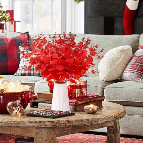 DIYDEC 18Pcs Christmas Artificial Flowers 2 Styles Red Xmas Eucalyptus Stems for Table Centerpieces Faux Eucalyptus Leaves Branches for Christmas Tree Home Party Decoration