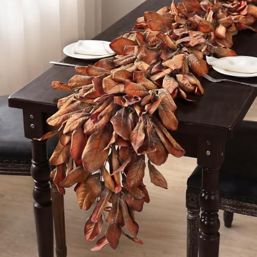 6 FT Artificial Fall Magnolia Leaf Garland for Fireplace Decoration(Orange)