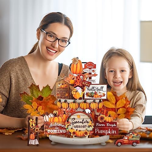 Dandat 16 Pcs Fall Tiered Tray Decoration Set for Autumn Home Table