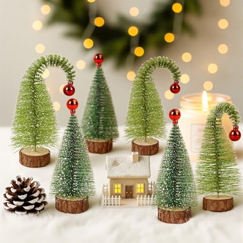 6 Pack 7" Mini Christmas Trees Curved & Straight Bottle Brush Sisal Trees