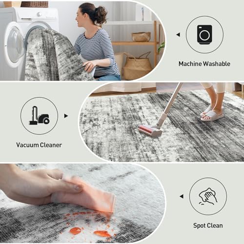 8x10 Area Rugs for Living Room: Washable Abstract Black Grey Badroom Carpet