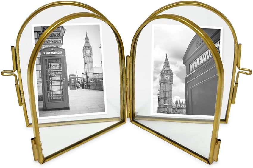 Double-Sided Arched Brass & Glass Metal Floating Picture Frame / 2 x 3 / Antique Gold