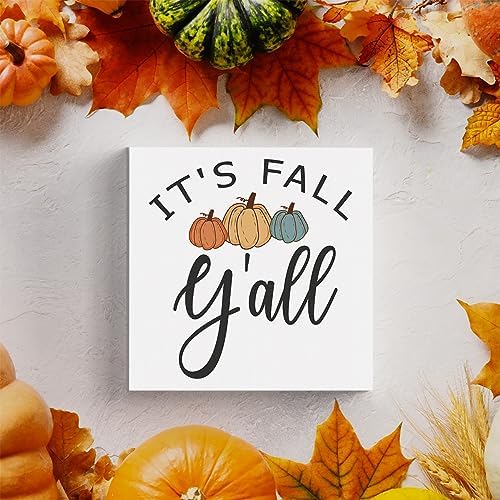 HTBIG Fall Wooden Box Sign Desk Decor, 5.1 X 5.1 Inch Pumpkin Autumn Wood Sign for Tiered Tray Decor for Home Living Room Harvest Day Thanksgiving Tabletop Decor-It's Fall Y'all 2