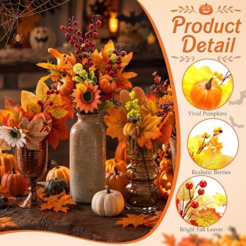 16 Pcs Fall Flower Pick, Artificial Floral Leaf Stem, 12 Inch, Pumpkin
