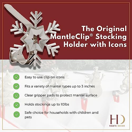 Haute Decor MantleClip Stocking Holders with Removable ZINC Alloy Holiday Icons (4-Pack Assorted Icons, Antique Brass)