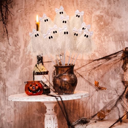 Suncalla 12 Pcs Halloween White Ghost Stem 12 Inch Cute Glitter Ghost Picks