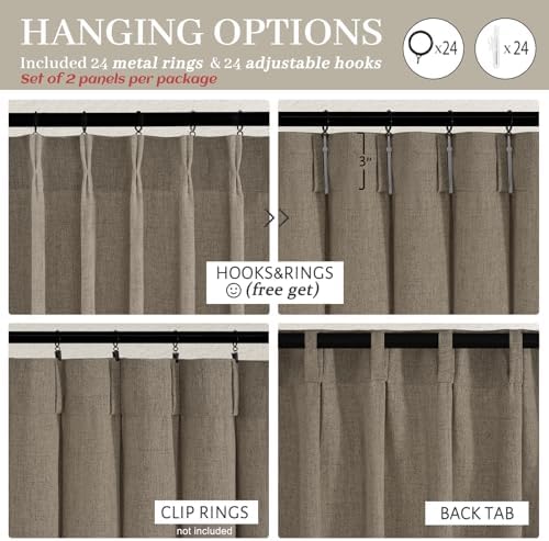 Pinch Pleated Light Filtering Dark Flax 60 Inch Wide Curtains 96 Inches Long for Living Room, Memory Trained Flax Linen