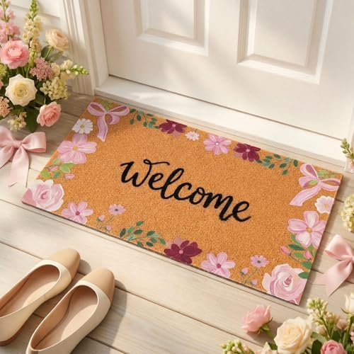 Pink Flower Welcome Door Mat Artificial Coir Doormat 16 x 30 in