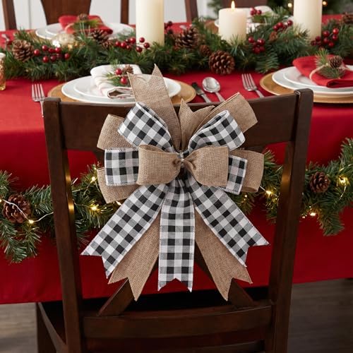 Buffalo Plaid Bow, 9.4 x 11.8 Inch Black and White Check Burlap with Wired Ribbon, Handmade Farmhouse Wreath Bow for Front Door Mailbox Lantern Tree Topper Year Round Decor
