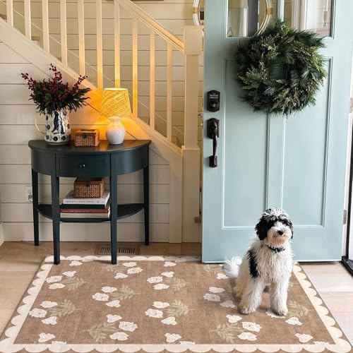 3x5 Floral Entry Rug - Small Washable Indoor Outdoor Mats for Front Door Non-Slip Porch Rug Tan Boho Neutral Farmhouse