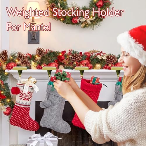 4-Pack Christmas Stocking Holders for Mantel, Weighted Metal Hooks, Gold
