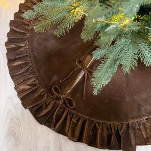 Velvet Christmas Tree Skirt Brown 60 inch Ruffled Holiday Tree Skirt for Rustic Xmas Tree Decoration