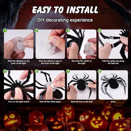 36 PCS LED Green Lighted 3D Spiders Halloween Decoration, 4 Sizes Shapes