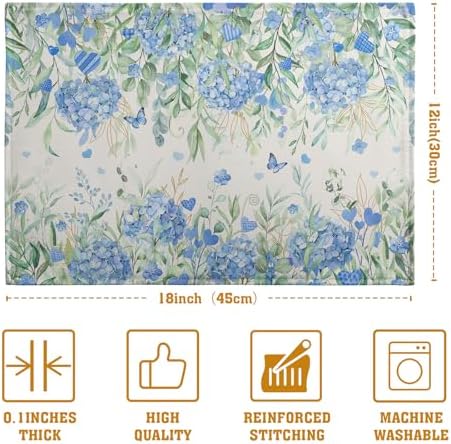 Hydrangea Spring Summer Placemats Set of 4 Sage Green Eucalyptus Leaves Blue Floral Butterfly Placemat 12x18 Inch Seasonal Holiday Table Place Mats for Farmhouse Kitchen Dining Decor