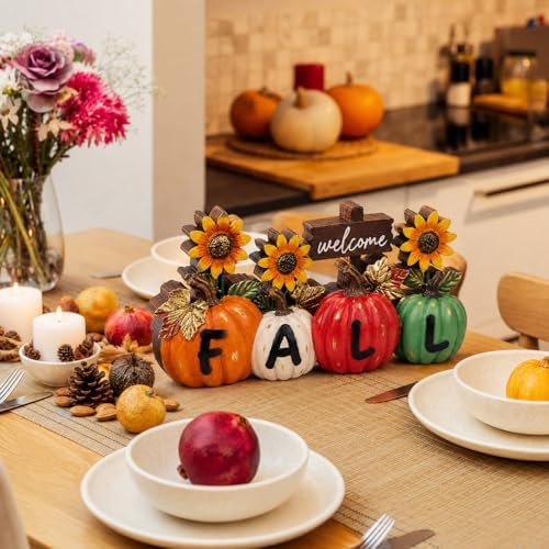 Amyhill Fall Pumpkin Table Decorations for Home Fall Letter Pumpkin with Sunflower Wooden Pumpkins Tabletop Sign for Autumn Thanksgiving Shelf Mantel Tiered Tray Table Decoration Party Supplies