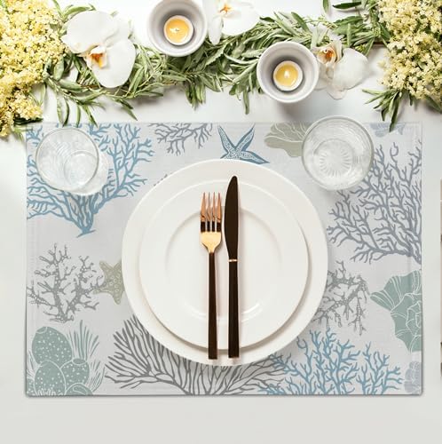 Summer Linen Placemats Set of 4 Nautical Coastal Theme Washable Non-Slip Heat Resistant Table Place Mat 12×18 Inch Ocean Beach Blue Grey Coral Starfish Place Mats for Kitchen Dining Table