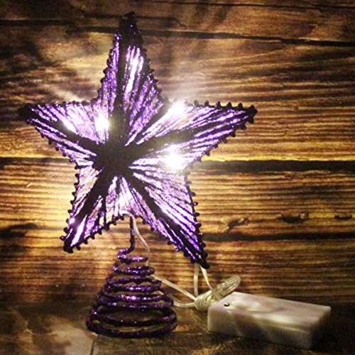 CVHOMEDECO. Purple Glittered 3D Tree Top Star with Warm White LED Lights and Timer for Christmas Tree Decoration and Holiday Seasonal Décor, 8 x 10 Inch