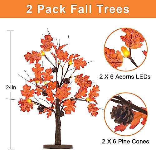 hogardeck Fall Decorations for Home, 2 Pcs 24”2FT Lighted Acorn Leaves Tree Fall Decor with Warm White LEDs, 6 Acorn