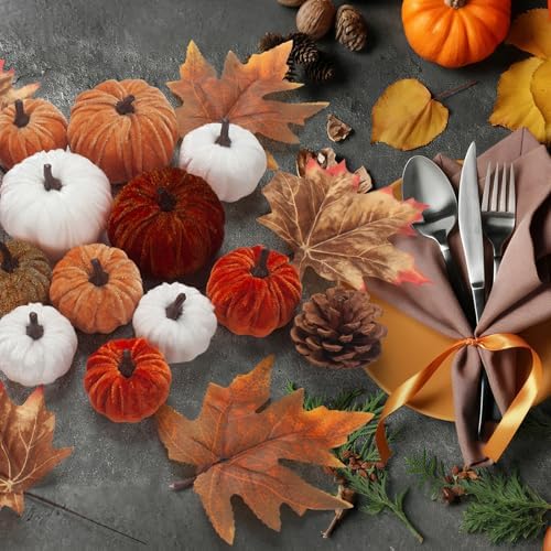 21 PCS Fall Artificial Velvet Pumpkins Set, Fake Fabric Pumpkin Faux Foam Pumpkins, Orange Khaki White Pumpkin Decorations for Fall Harvest Thanksgiving Farmhouse Mantel Centerpiece