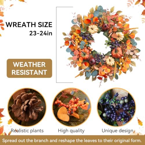 Fall Wreaths for Front Door 24 Inch Autumn Rustic Farmhouse Harvest Wreath