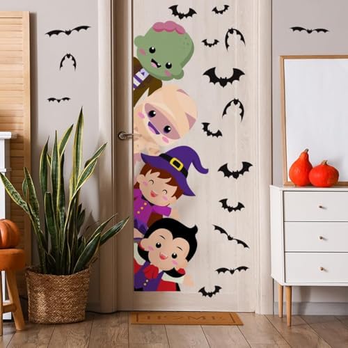 44.88 X 15.75 Inch Halloween Door Sticker Cute Witch Vampire Mummy Green Monster Stickers Halloween Party Bar Decal for Door Window Wall Decoration