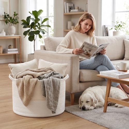 65L Large Blanket Basket,Woven Rope Laundry Basket-White