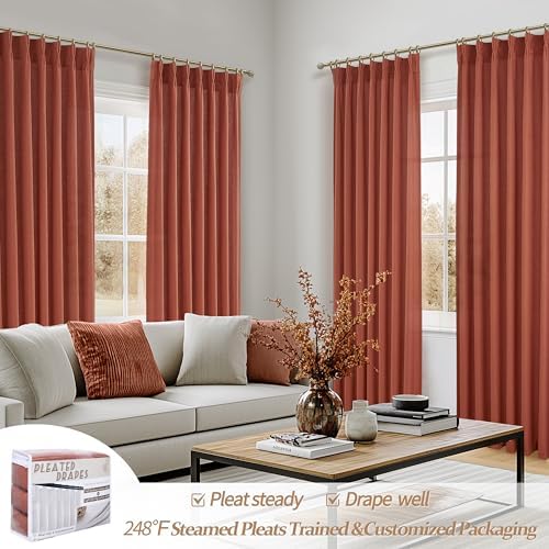 Rust Burnt Orange Fall Sheer Curtains 90 Inches Long for Bedroom 2 Panels Set, Pinch Pleated Flax Linen Light Filtering