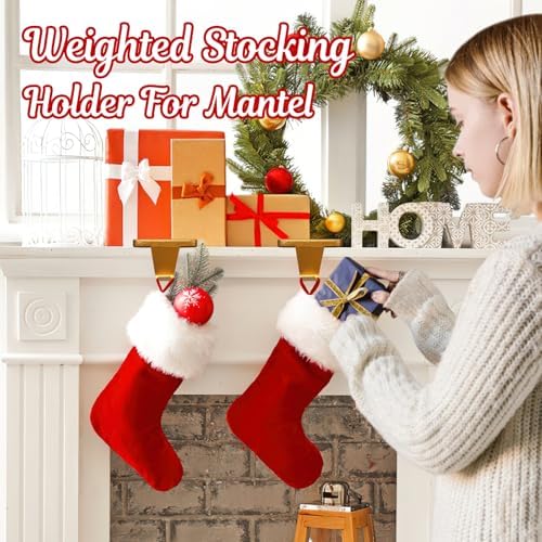 HMASYO Christmas Stocking Holders for Mantle Set of 2, Gold Heavy Duty Iron Stocking Hangers Base, Low Profile Weighted Stocking Holder Hooks for Fireplace Tabletop Shelf Christmas Decoration