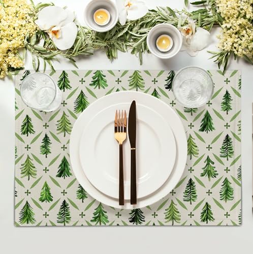 Sage Green Pine Tree Christmas Placemats Set of 4 Xmas Farmhouse Rustic Style Print Place Mat Seasonal Winter Holiday Linen Table Mats for Indoor Outdoor Kitchen Dining Party Decor