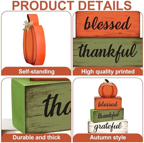4 Pcs Fall Wooden Table Sign Fall Wooden Tiered Tray Decor Thankful Blessed Grateful Tabletop Signs Farmhouse Pumpkin Wood Blocks for Autumn Thanksgiving Harvest Home Kitchen Table Shelf Decor