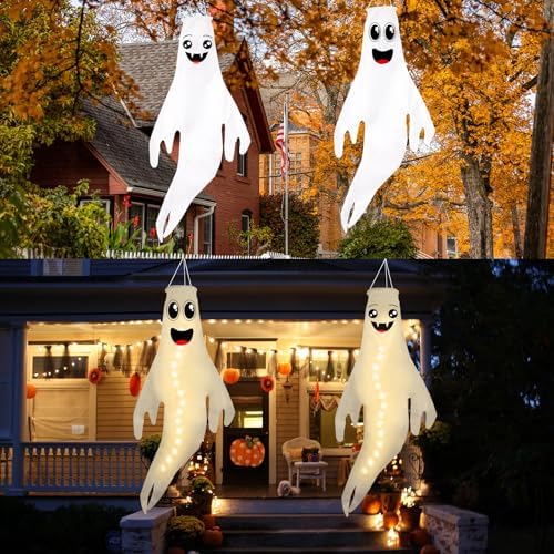 Geefuun 2PCS Warm Halloween CuteGhost Windsocks Hanging Decorations - 43 Inch Flag Wind Socks for Home Yard Outdoor Decor Party Supplies (Batteries Not Included,No Timer)