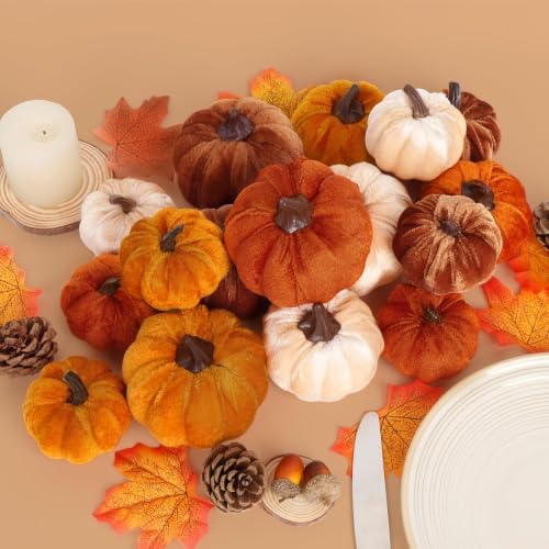 16Pcs Fall Artificial Velvet Pumpkins 3 Sizes Fake Small Foam Pumpkin Decor