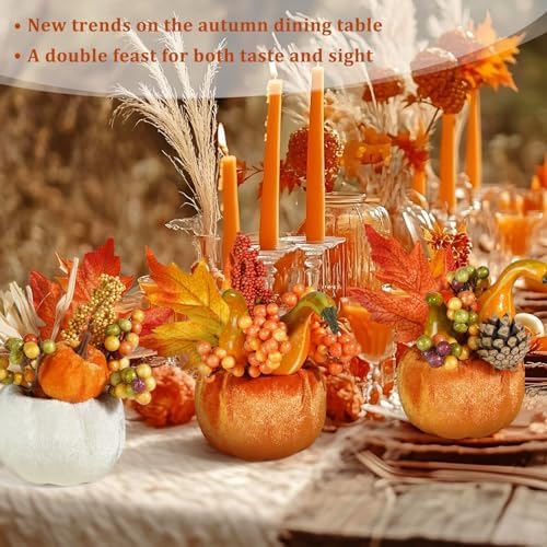 Artmag Set of 6 Artificial Pumpkins Decorations, Decorative Fabric Orange Pumpkin with Maple Berry Acorn Pine Cone Vegetables for Fall Thanksgiving Harvest Party Home Tabletop