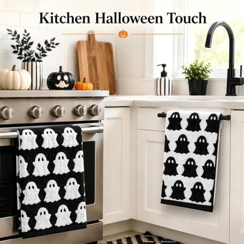 2Pcs Halloween Ghost Hand Towels, Black White Decor for Home/Kitchen/Bath