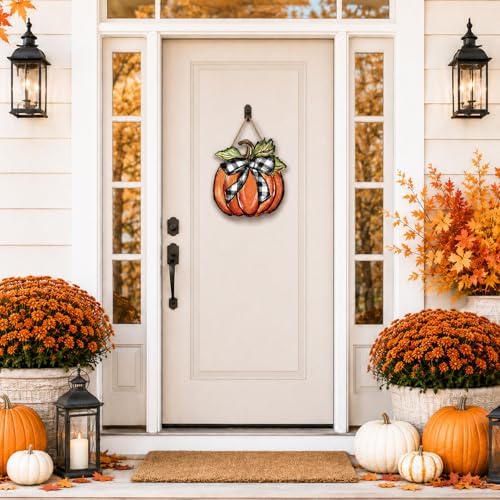 Smile Fall Thanksgiving Wooden Door Hanger Pumpkins Black White Plaid Bow