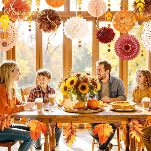 NICROHOME EUR Fall Thanksgiving Decor with Pom Poms Lanterns Fans Garlands