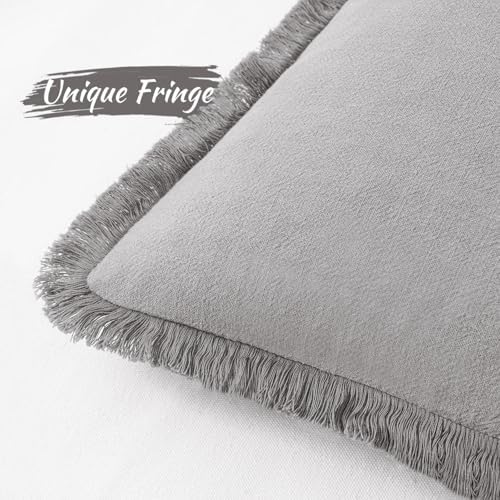 MIULEE Boho Linen Fringe Decorative Throw Pillow Covers Light Grey 18x18