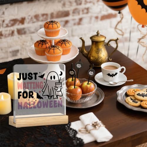 Halloween Coffee Sign Decor Decorations for Home Office Coffee Bar Station Table Just Watting for Halloween Acrylic Sign Funny Ghost Desk Decor Gift for Women