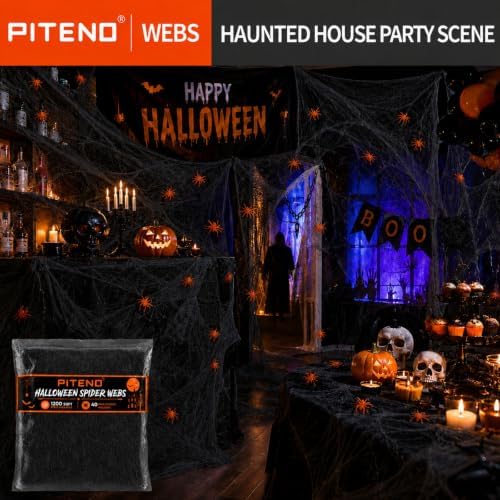 Piteno® 1200 sqft Spider Webs Halloween Decorations with 40 Fake Spiders, Stretchable Halloween Spider Webs for Indoor Outdoor Haunted House Yard Porch Party Decor (Black)