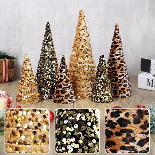 6 PCS 12" 10" 6" Christmas Leopard Cone Tree Decoration Christmas Glitter Leopard Cheetah Print Table Tree Farmhouse Velvet Tree Tiered Tray Ornament for Home Holiday Tree Centerpiece Decor