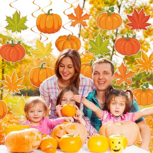 40Pcs Fall Pumpkin Maple Leaf Hanging Swirl Decorations, Autumn Thanksgiving Party Ceiling Hanging Swirls Fall Hanging Swirls Streamers for Autumn Thanksgiving Harvest Party Decor Supplies