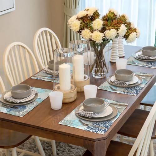 Nautical Coastal Placemats Set of 6 18x12 Inch Summer Beach Themed Linen Place Mats Heat-Resistant Washable Wipeable Beachy Seashell Table Mat for Party Kitchen Dining Room Dinner Table Decor