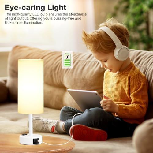 Fenmzee White Bedside Lamp for Bedroom, Dimmable Touch, USB A+C, AC Outlet