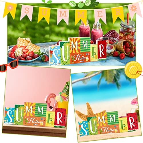 Hello Summer Table Decor Beach Party Centerpiece Wooden Sign for Home Office Indoor Outdoor Tiered Tray Shelf