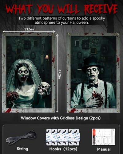 2pcs Halloween Window Cover Decor, Scary Ghost Curtain Outdoor