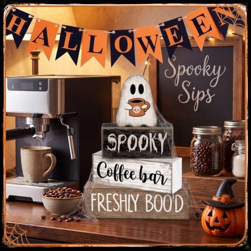 Lineshading 4 Pcs Halloween Coffee Bar Decor Wooden Ghost Block Signs