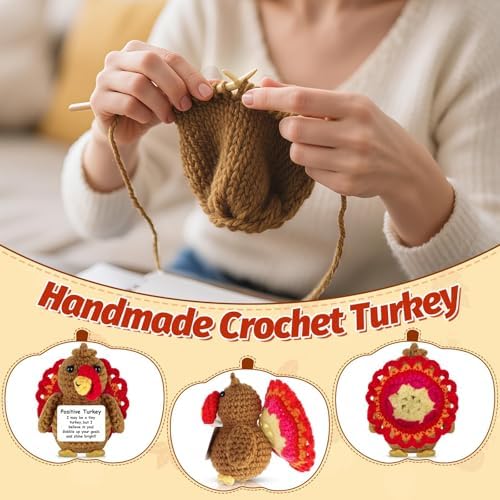 Thanksgiving Turkey Positive Crochet Gifts Emotional Support Crochet Turkey with Positive Card for Women Family Friend Inspirational Handmade Thanksgiving Birthday Gift for Fall Home Desk Basket Decor