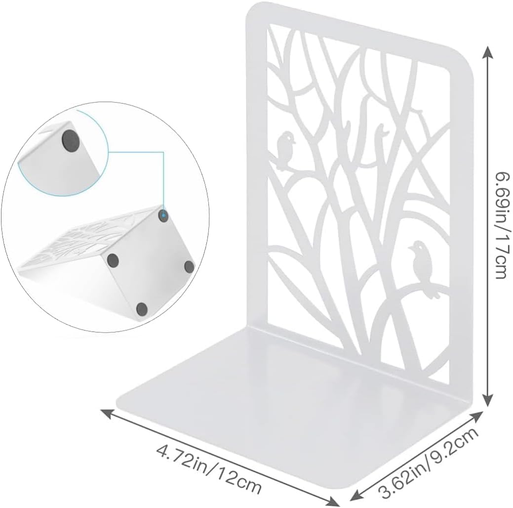 Tree Bookends Metal Nonskid Bookends Heavy Duty Bookshelves Organizer / Branch Bird-white, 1 Pair