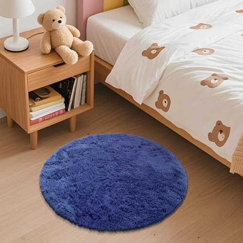 OLANLY Navy Blue Round Rugs for Bedroom - Machine Washable, 2 ft Circle Area Rugs for Living Room, Soft and Fluffy