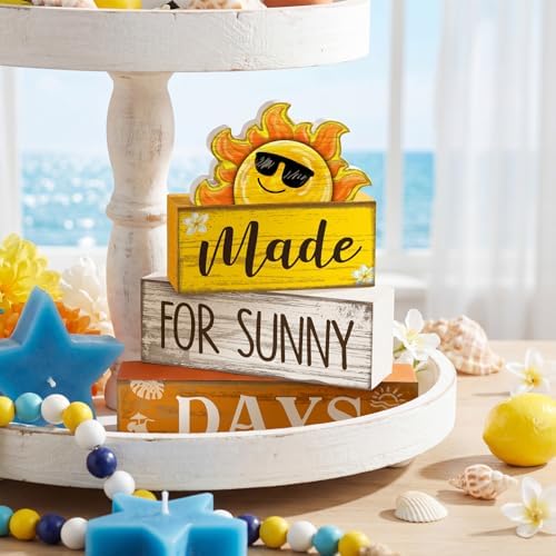 Lineshading 4 Pcs Summer Table Decor Farmhouse Wooden Sun Beach Block Signs